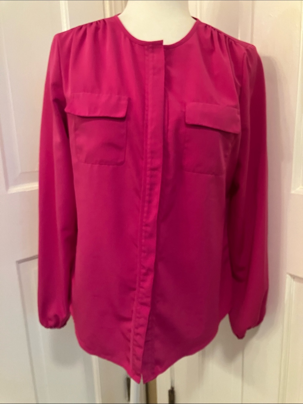Kate Hill Fuchsia pink Collarless blouse EUC 4